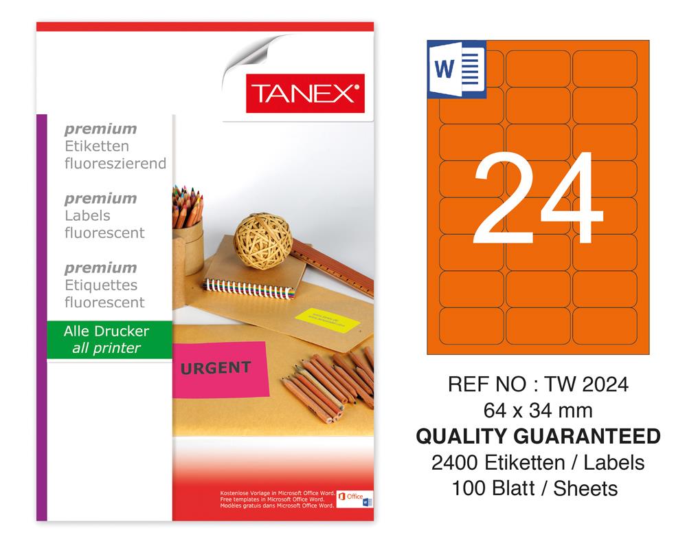 Tanex TW-2024 64x34 mm Turuncu Floresan Laser Etiket 100 Lü