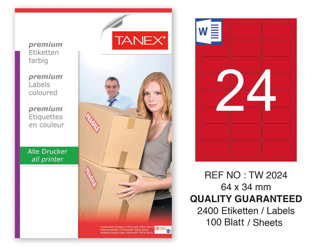 Tanex TW-2024 64x34mm Kırmızı Pastel Laser Etiket 100 Lü