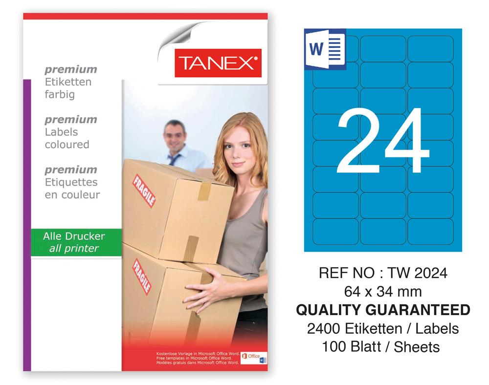 Tanex TW-2024 64x34mm Mavi Pastel Laser Etiket 100 Lü