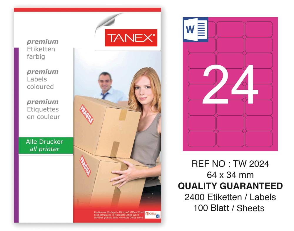 Tanex TW-2024 64x34mm Pembe Pastel Laser Etiket 100 Lü