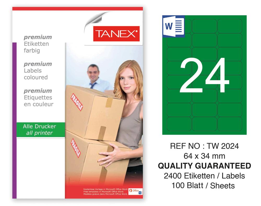 Tanex TW-2024 64x34mm Yeşil Pastel Laser Etiket 100 Lü