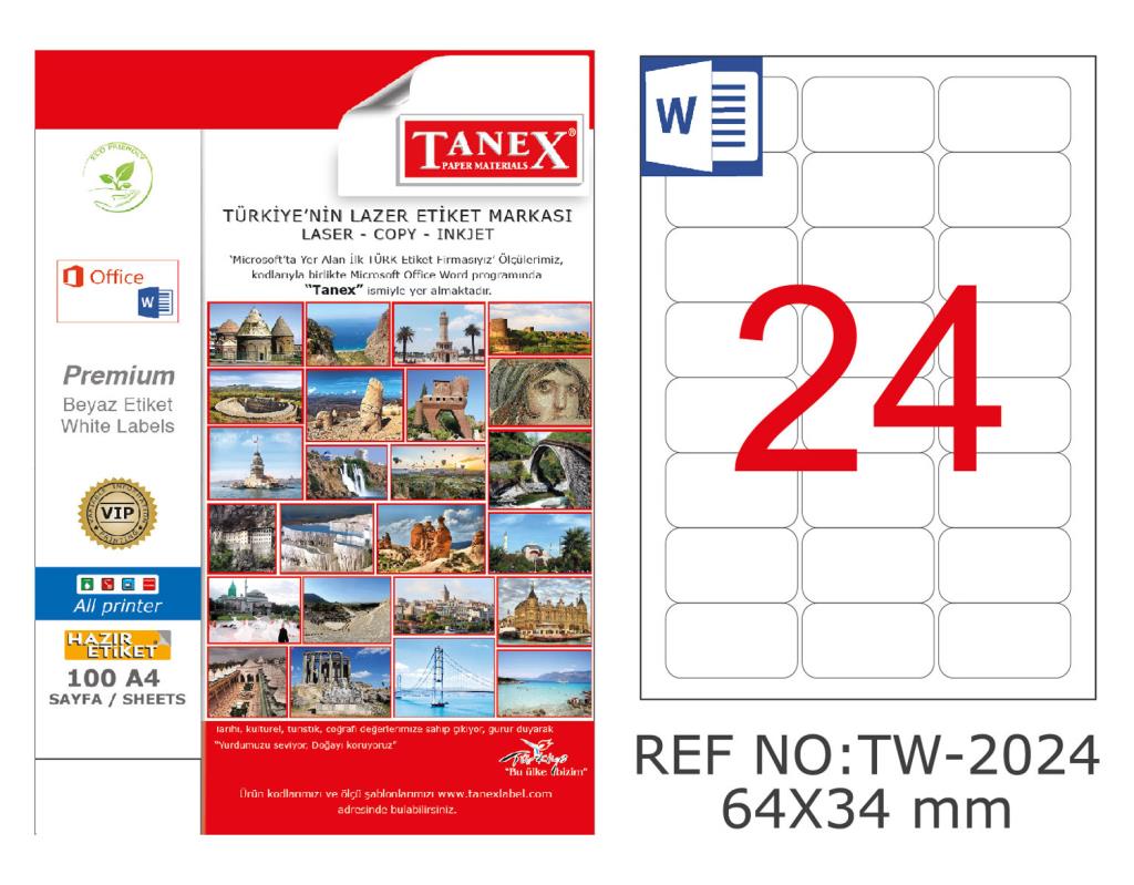 Tanex TW-2024 Kuşe Laser Etiket 64 mm x 34 mm