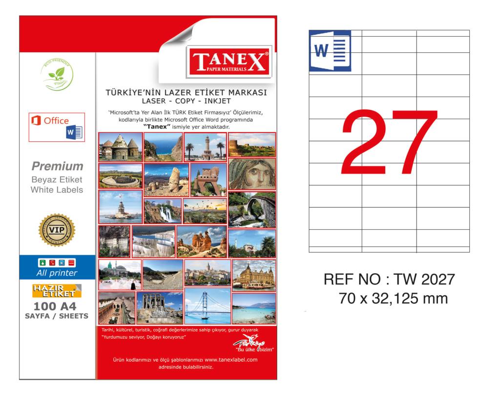 Tanex TW-2027 70x132.125mm Kuşe Laser Etiket 100 Lü Paket