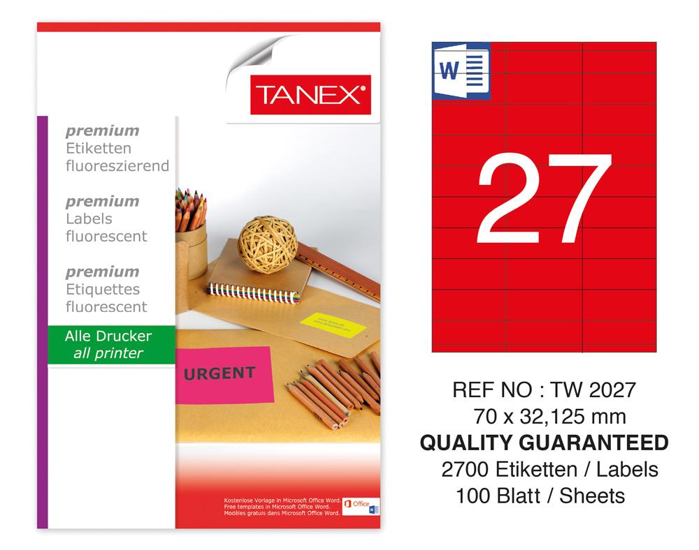 Tanex TW-2027 70x32,125 mm Kırmızı Floresan Laser Etiket 100 Lü