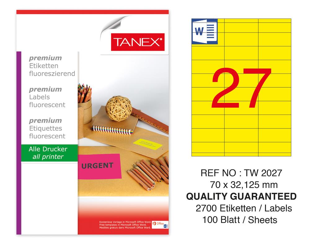 Tanex TW-2027 70x32,125 mm Sarı Floresan Laser Etiket 100 Lü