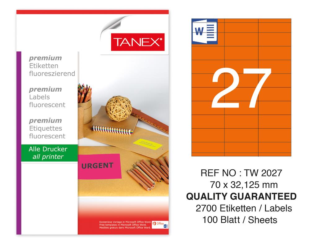 Tanex TW-2027 70x32,125 mm Turuncu Floresan Laser Etiket 100 Lü