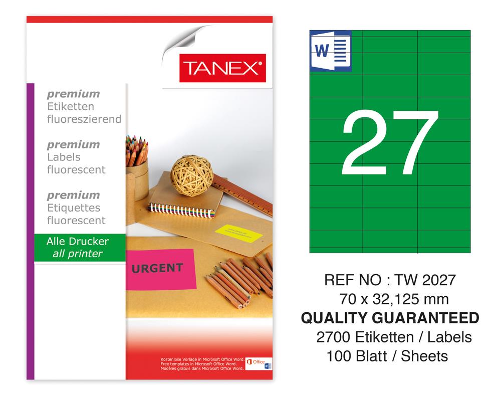 Tanex TW-2027 70x32,125 mm Yeşil Floresan Laser Etiket 100 Lü