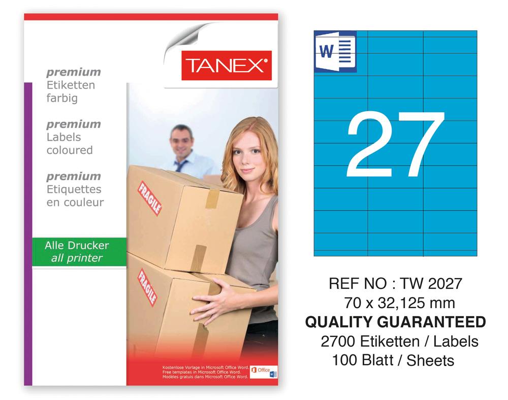 Tanex TW-2027 70x32,125mm Mavi Pastel Laser Etiket 100 Lü