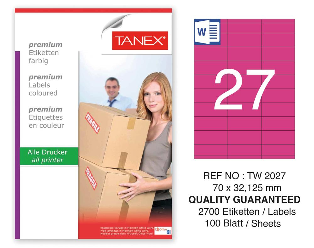Tanex TW-2027 70x32,125mm Pembe Pastel Laser Etiket 100 Lü