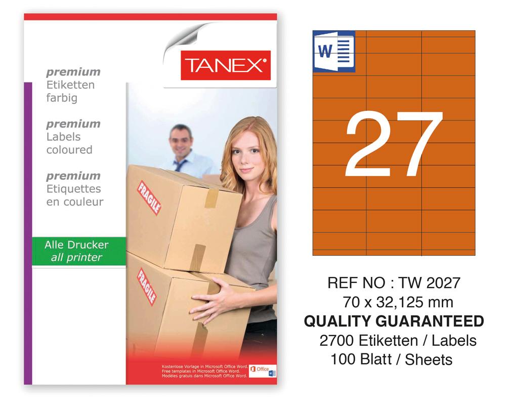 Tanex TW-2027 70x32,125mm Turuncu Pastel Laser Etiket 100 Lü