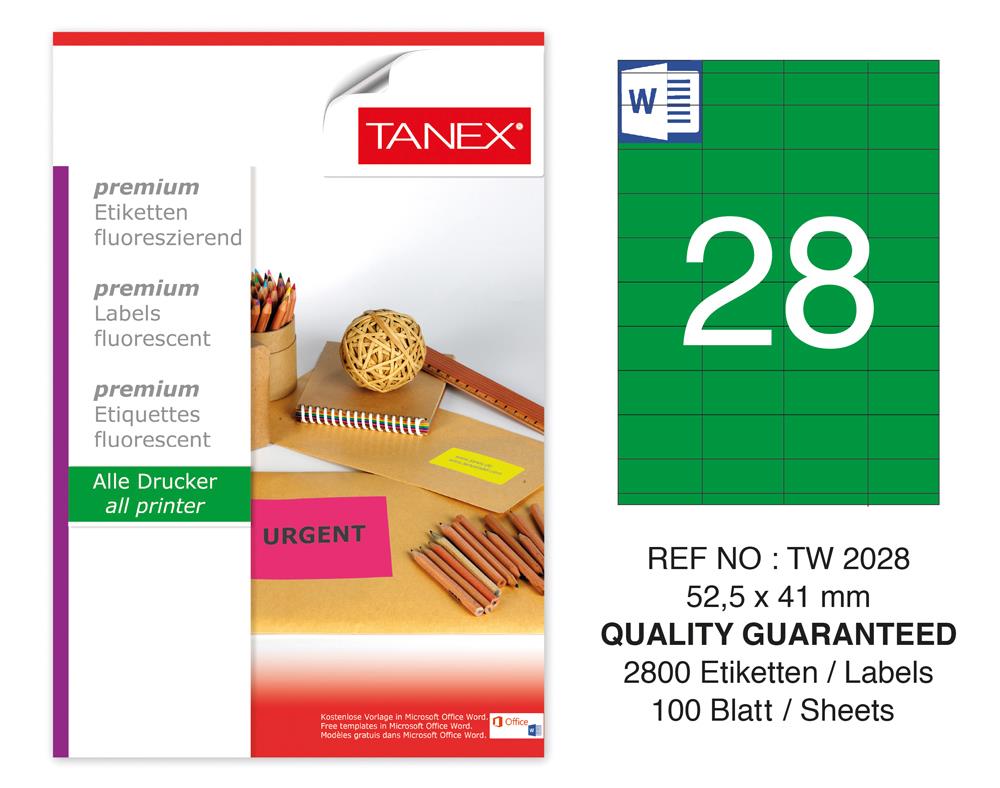 Tanex TW-2028 52,5x41 mm Yeşil Floresan Laser Etiket 100 Lü