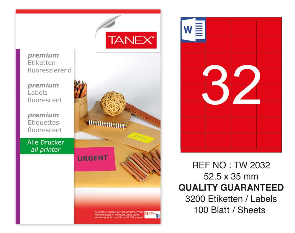 Tanex TW-2032 52,5x35 mm Kırmızı Floresan Laser Etiket 100 Lü