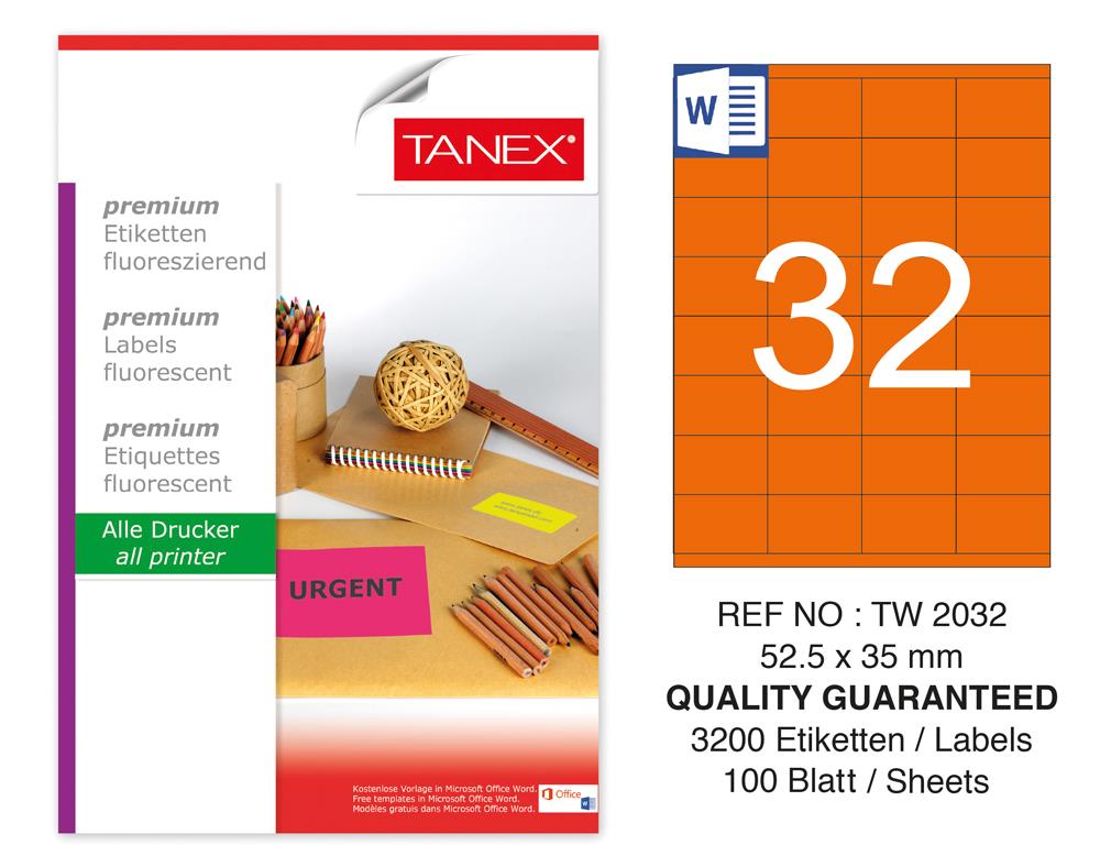 Tanex TW-2032 52,5x35 mm Turuncu Floresan Laser Etiket 100 Lü