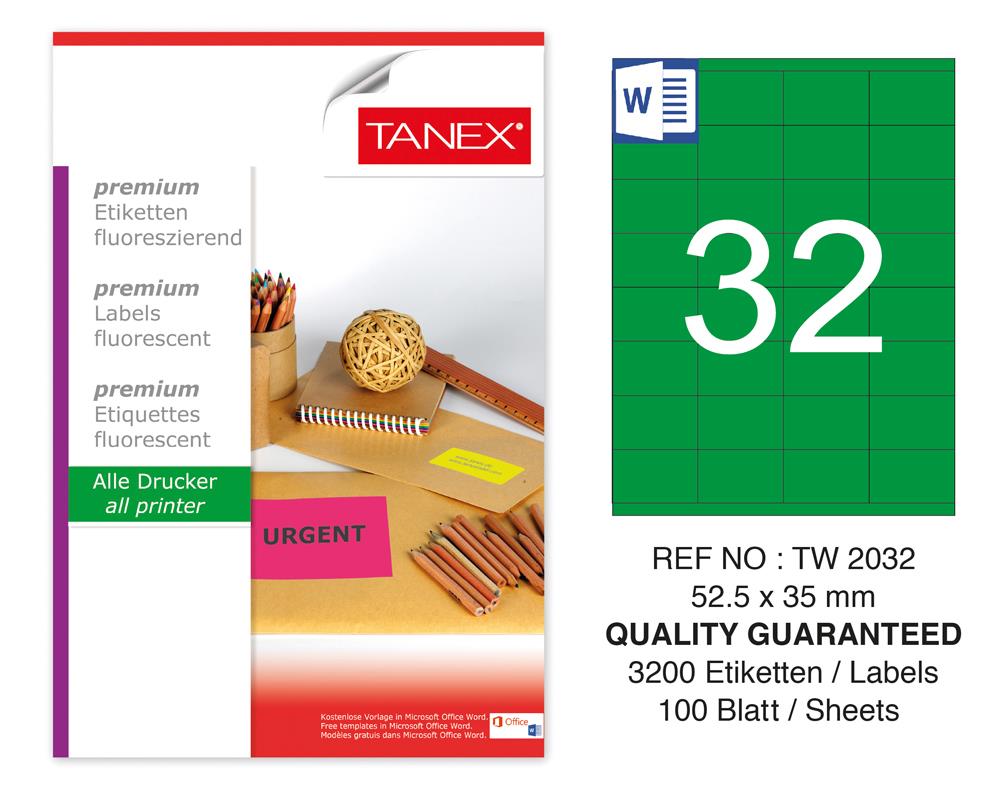 Tanex TW-2032 52,5x35 mm Yeşil Floresan Laser Etiket 100 Lü