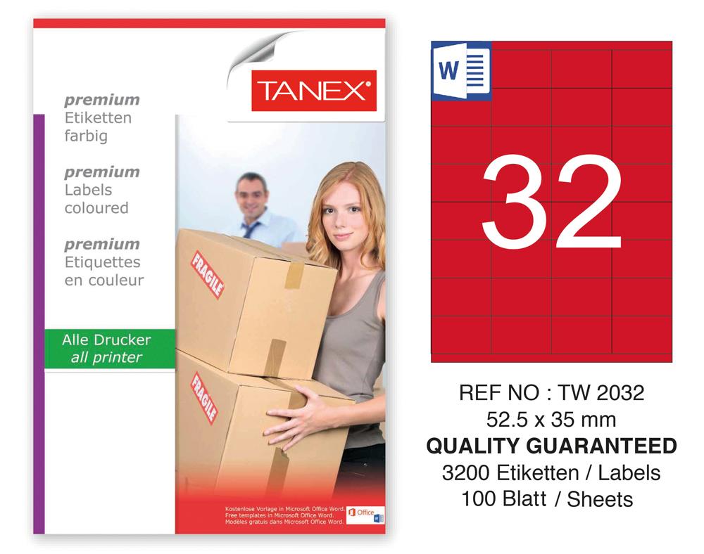 Tanex TW-2032 52,5x35mm Kırmızı Pastel Laser Etiket 100 Lü