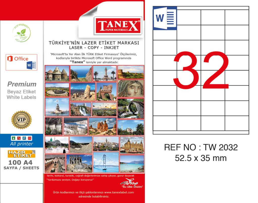 Tanex TW-2032 52.5x35mm Kuşe Laser Etiket 100 Lü Paket
