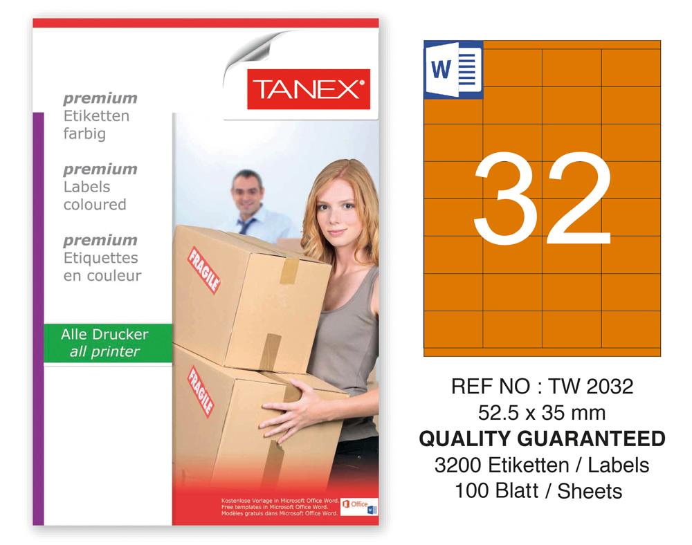 Tanex TW-2032 52,5x35mm Turuncu Pastel Laser Etiket 100 Lü