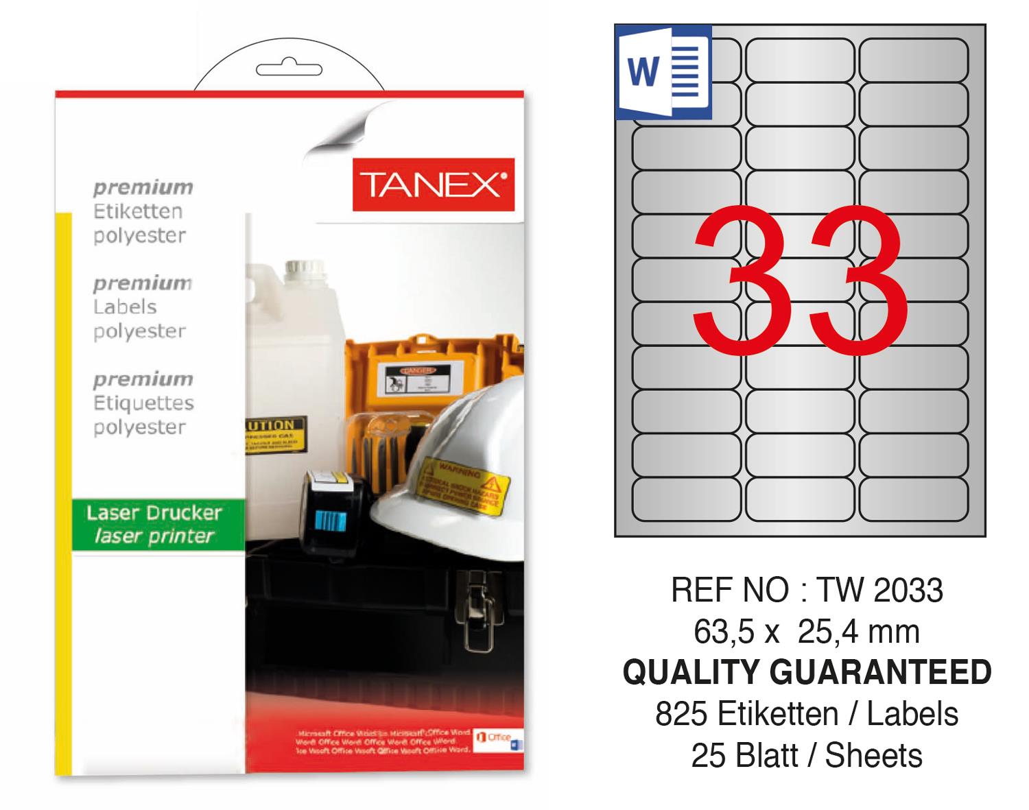 Tanex TW-2033 63.5x25.4 mm Gümüş Lazer Etiket 825 Li