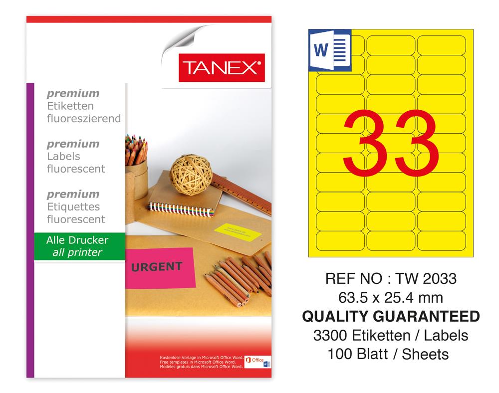 Tanex TW-2033 63,5x25,4 mm Sarı Floresan Laser Etiket 100 Lü