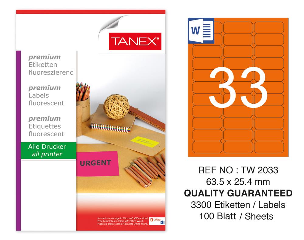 Tanex TW-2033 63,5x25,4 mm Turuncu Floresan Laser Etiket 100 Lü