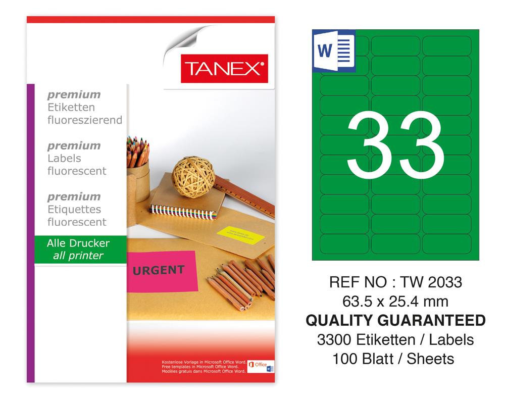 Tanex TW-2033 63,5x25,4 mm Yeşil Floresan Laser Etiket 100 Lü