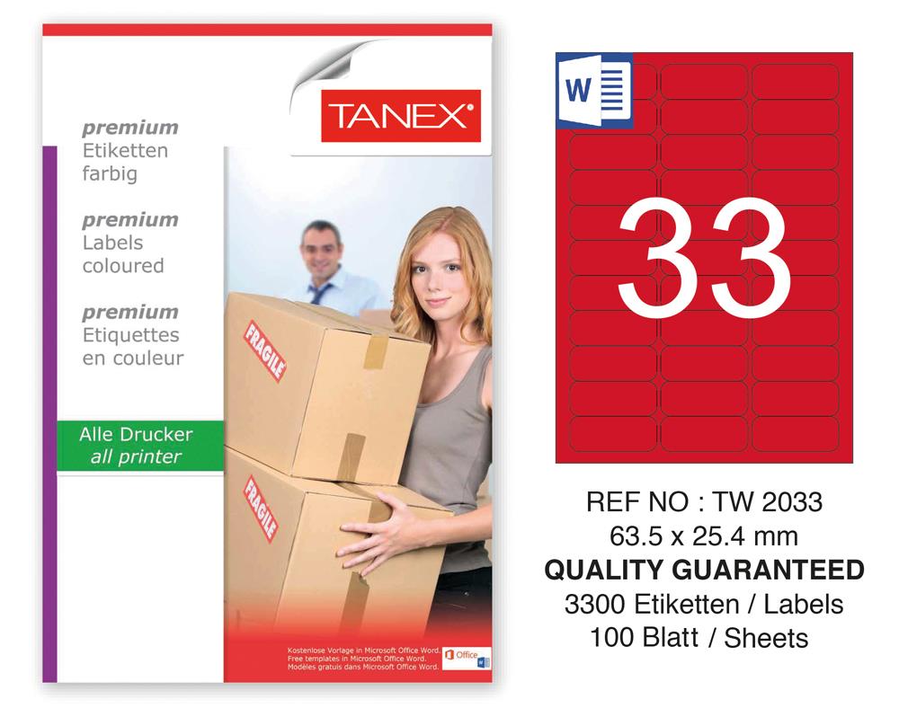 Tanex TW-2033 63,5x25,4mm Kırmızı Pastel Laser Etiket 100 Lü