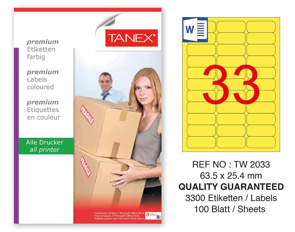 Tanex TW-2033 63,5x25,4mm Sarı Pastel Laser Etiket 100 Lü