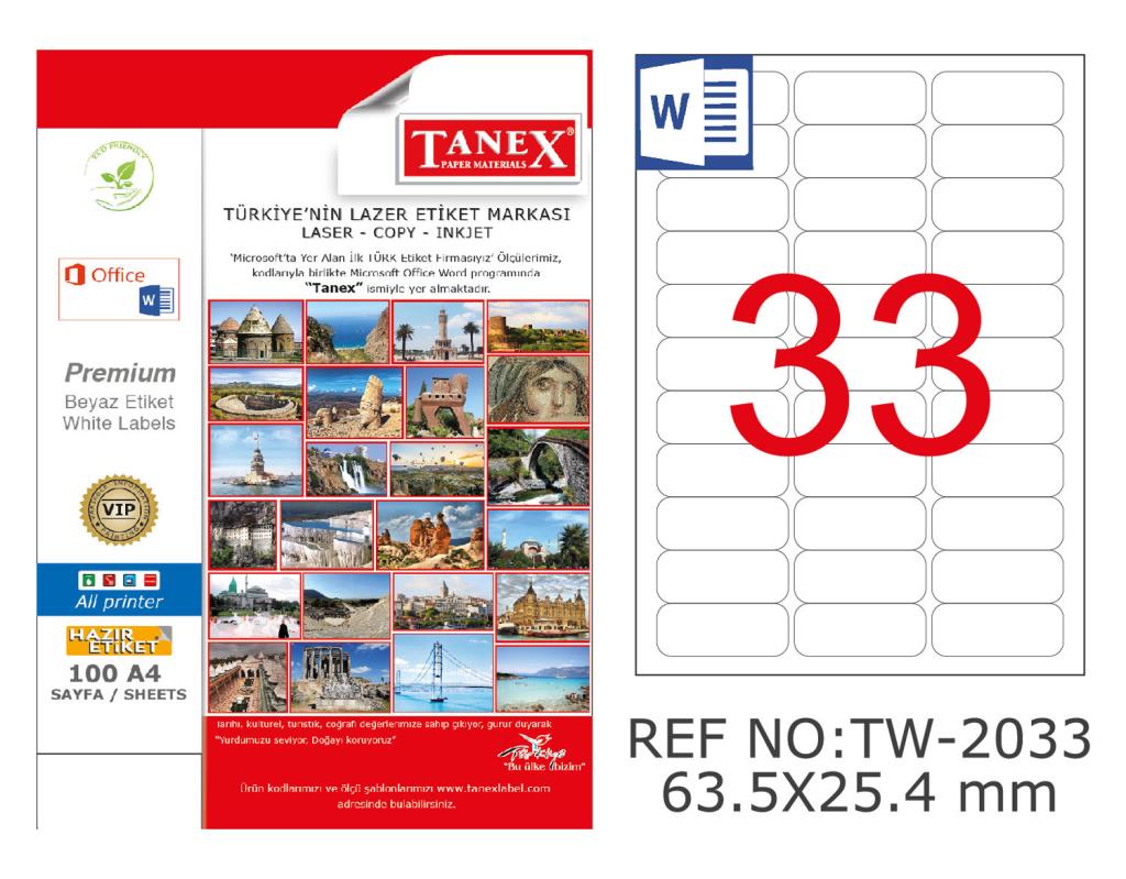 Tanex TW-2033 63.5x25.4mm şeffaf Laser Etiket 825 Li