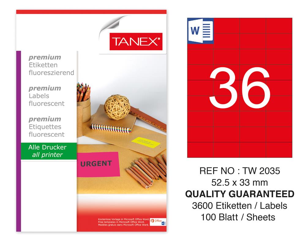 Tanex TW-2035 52,5x33 mm Kırmızı Floresan Laser Etiket 100 Lü