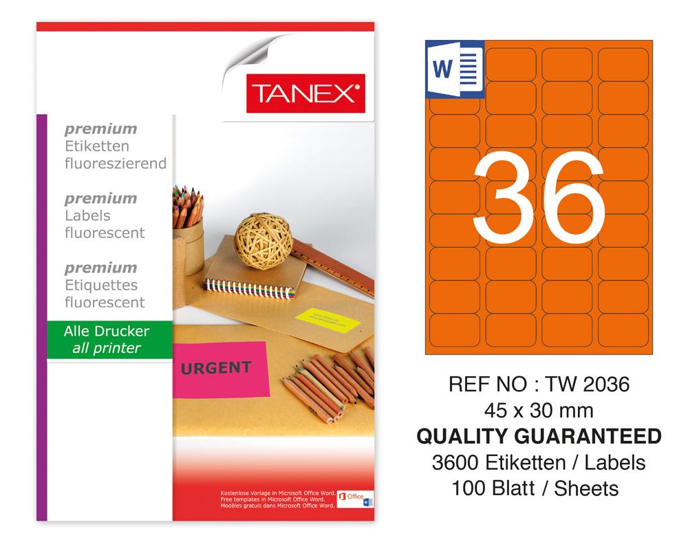 Tanex TW-2036 45x30 mm Turuncu Floresan Laser Etiket 100 Lü