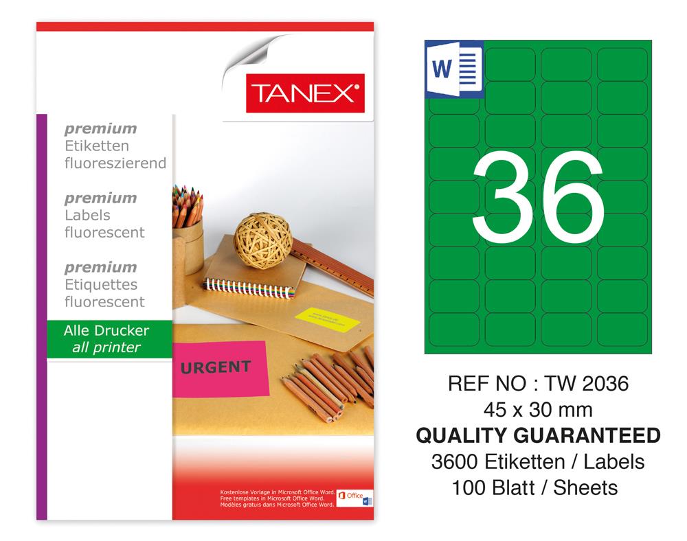 Tanex TW-2036 45x30 mm Yeşil Floresan Laser Etiket 100 Lü