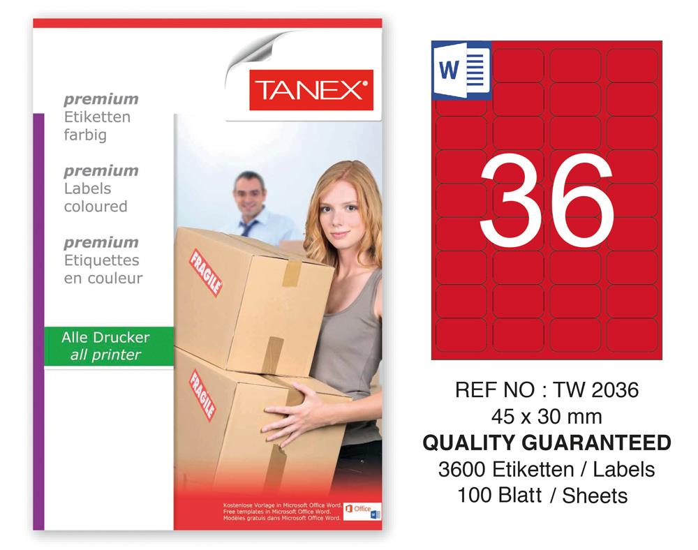 Tanex TW-2036 45x30mm Kırmızı Pastel Laser Etiket 100 Lü