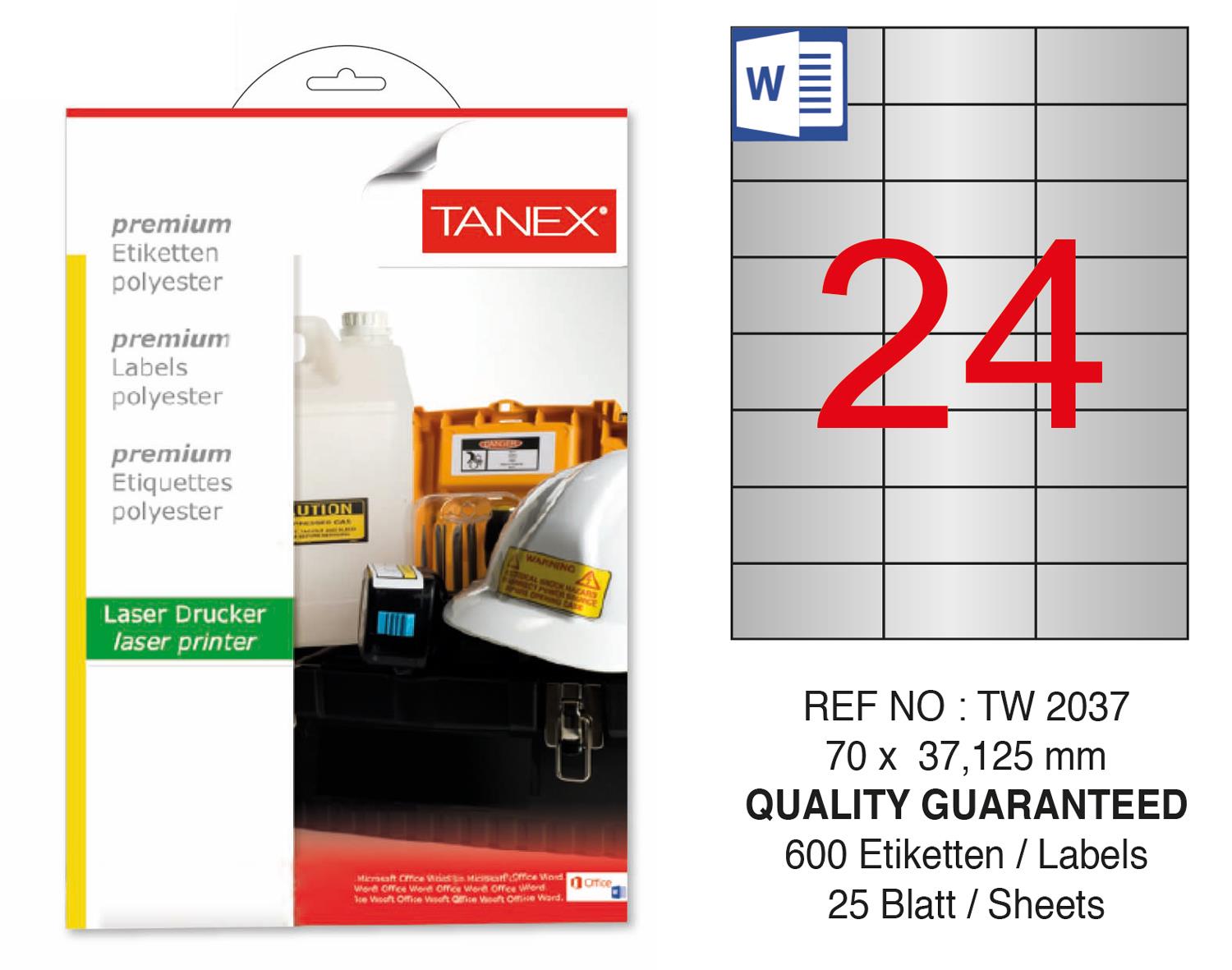 Tanex TW-2037 70x37.125 mm Gümüş Lazer Etiket 600 Lü