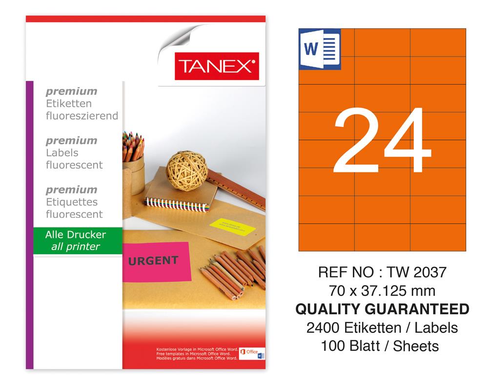 Tanex TW-2037 70x37,125 mm Turuncu Floresan Laser Etiket 100 Lü