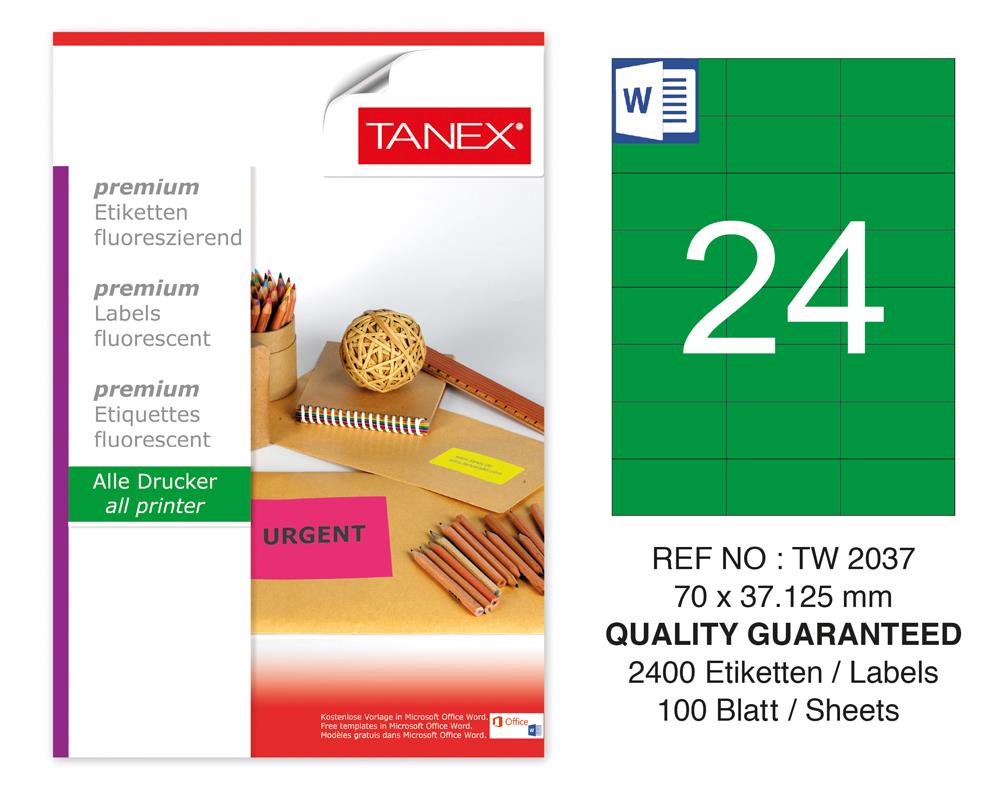 Tanex TW-2037 70x37,125 mm Yeşil Floresan Laser Etiket 100 Lü