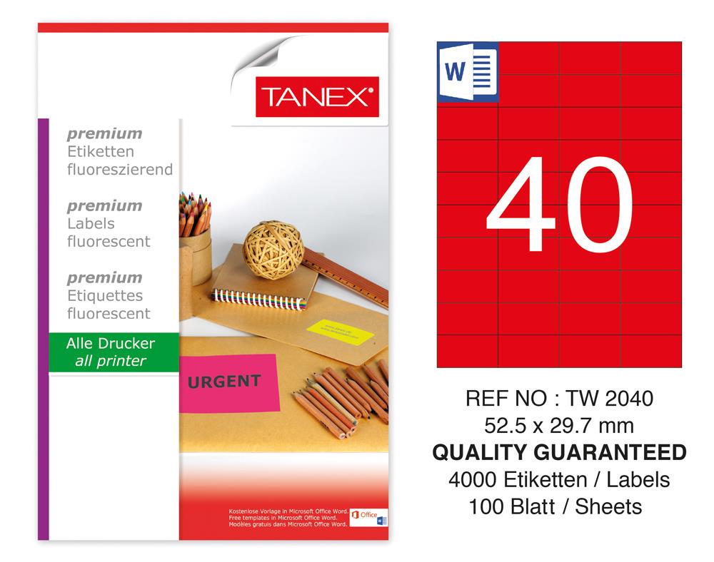Tanex TW-2040 52,5x29,7 mm Kırmızı Floresan Laser Etiket 100 Lü