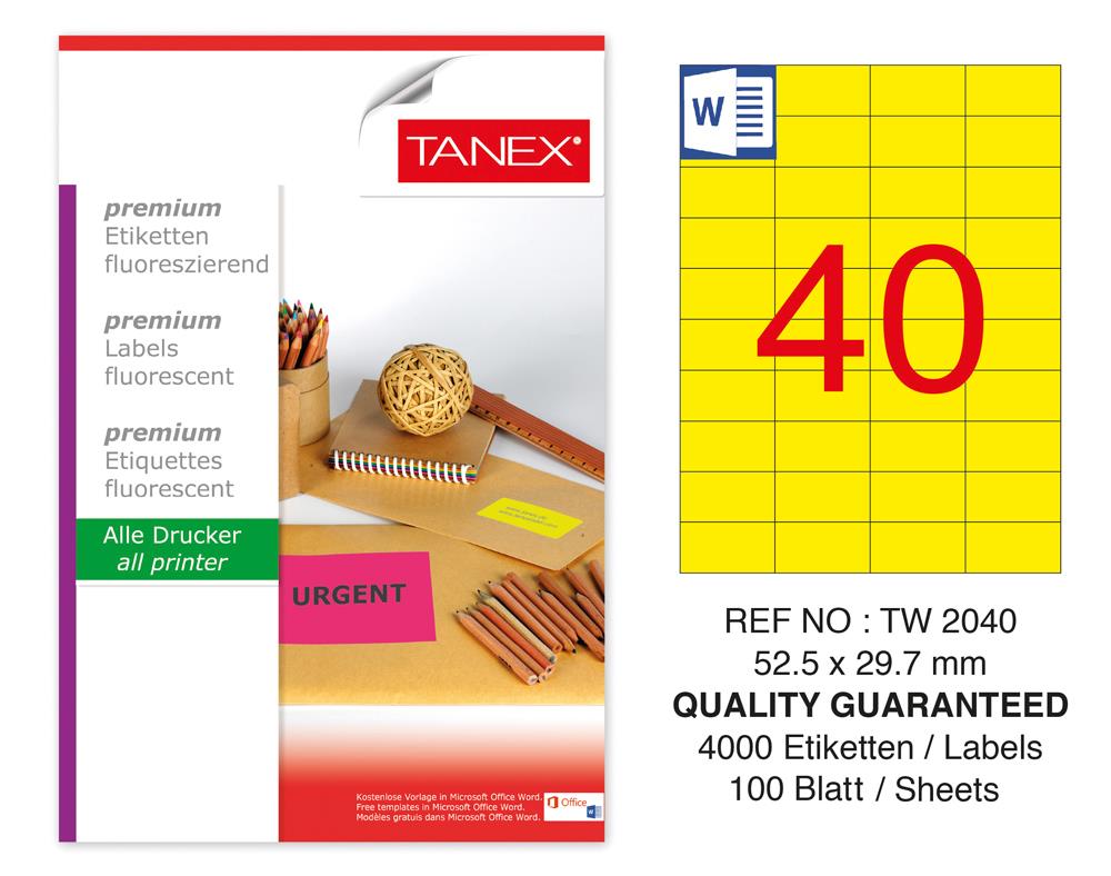 Tanex TW-2040 52,5x29,7 mm Sarı Floresan Laser Etiket 100 Lü