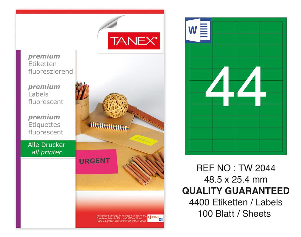 Tanex TW-2044 48,5x25,4 mm Yeşil Floresan Laser Etiket 100 Lü