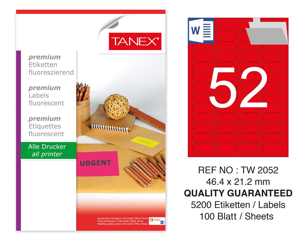 Tanex TW-2052 46,4x21,2 mm Kırmızı Floresan Laser Etiket 100 Lü
