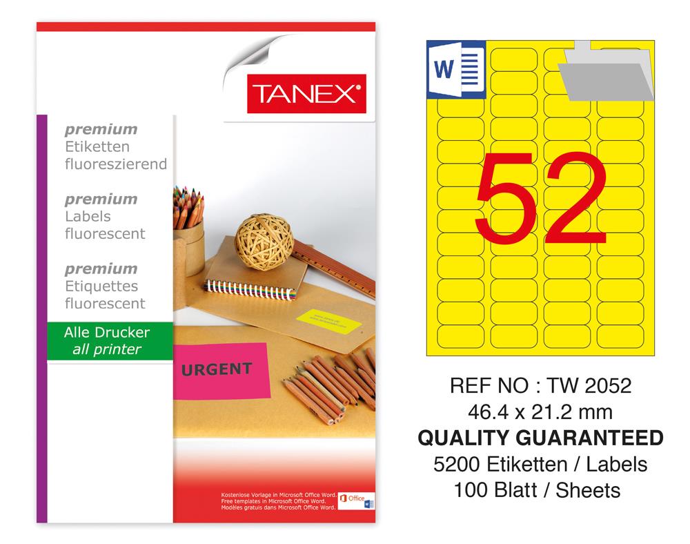 Tanex TW-2052 46,4x21,2 mm Sarı Floresan Laser Etiket 100 Lü