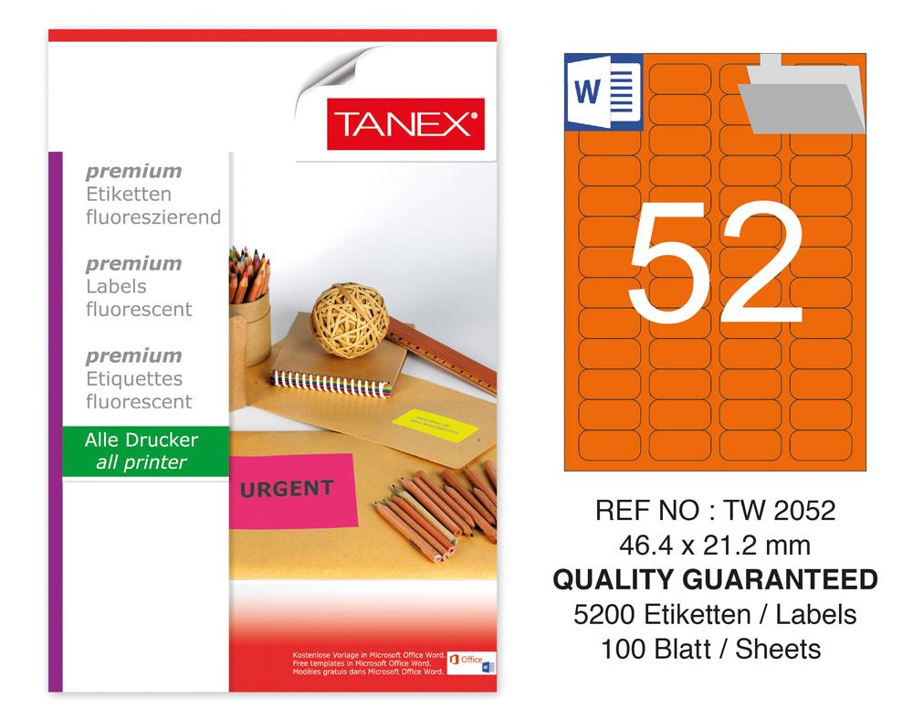 Tanex TW-2052 46,4x21,2 mm Turuncu Floresan Laser Etiket 100 Lü