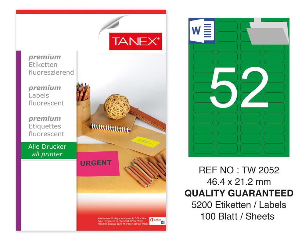 Tanex TW-2052 46,4x21,2 mm Yeşil Floresan Laser Etiket 100 Lü