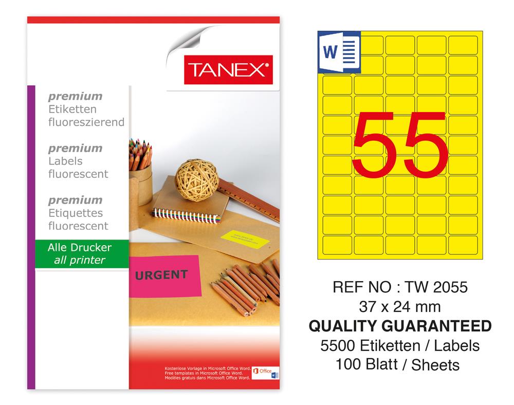 Tanex TW-2055 37x24 mm Sarı Floresan Laser Etiket 100 Lü