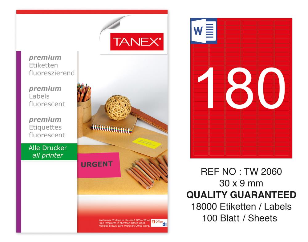 Tanex TW-2060 30x9 mm Kırmızı Floresan Laser Etiket 100 Lü