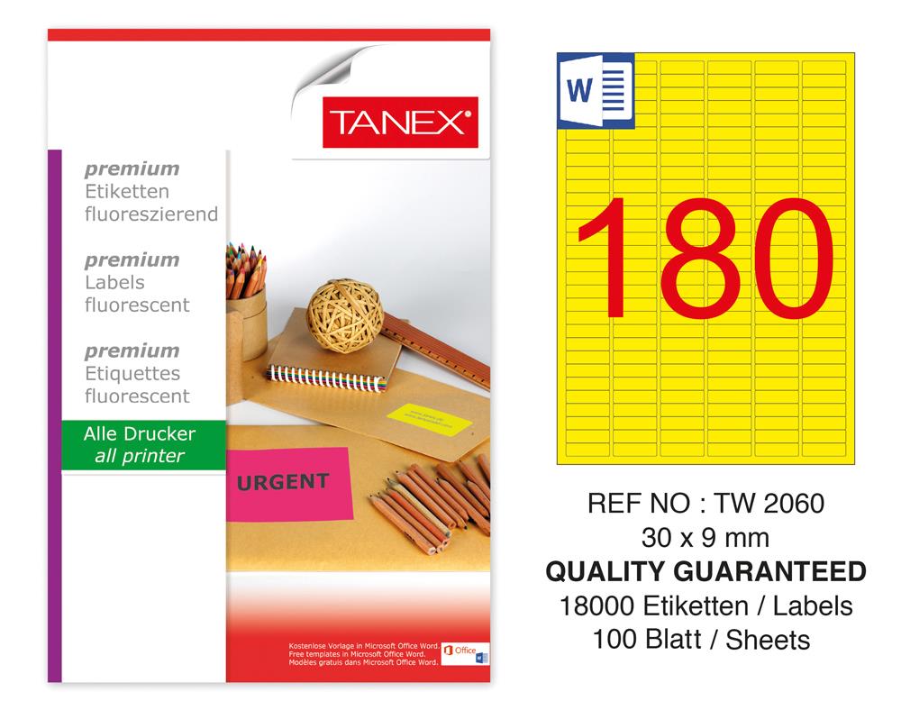 Tanex TW-2060 30x9 mm Sarı Floresan Laser Etiket 100 Lü