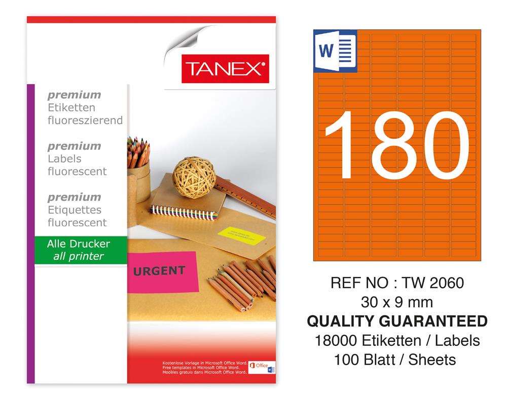 Tanex TW-2060 30x9 mm Turuncu Floresan Laser Etiket 100 Lü