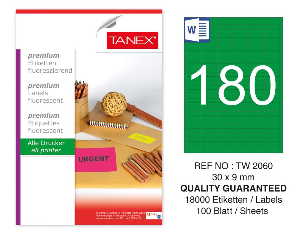 Tanex TW-2060 30x9 mm Yeşil Floresan Laser Etiket 100 Lü