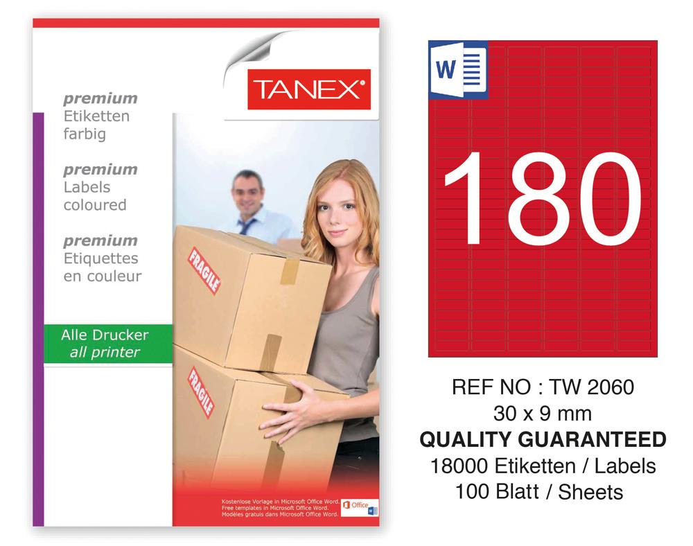 Tanex TW-2060 30x9mm Kırmızı Pastel Laser Etiket 100 Lü