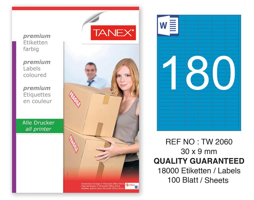 Tanex TW-2060 30x9mm Mavi Pastel Laser Etiket 100 Lü