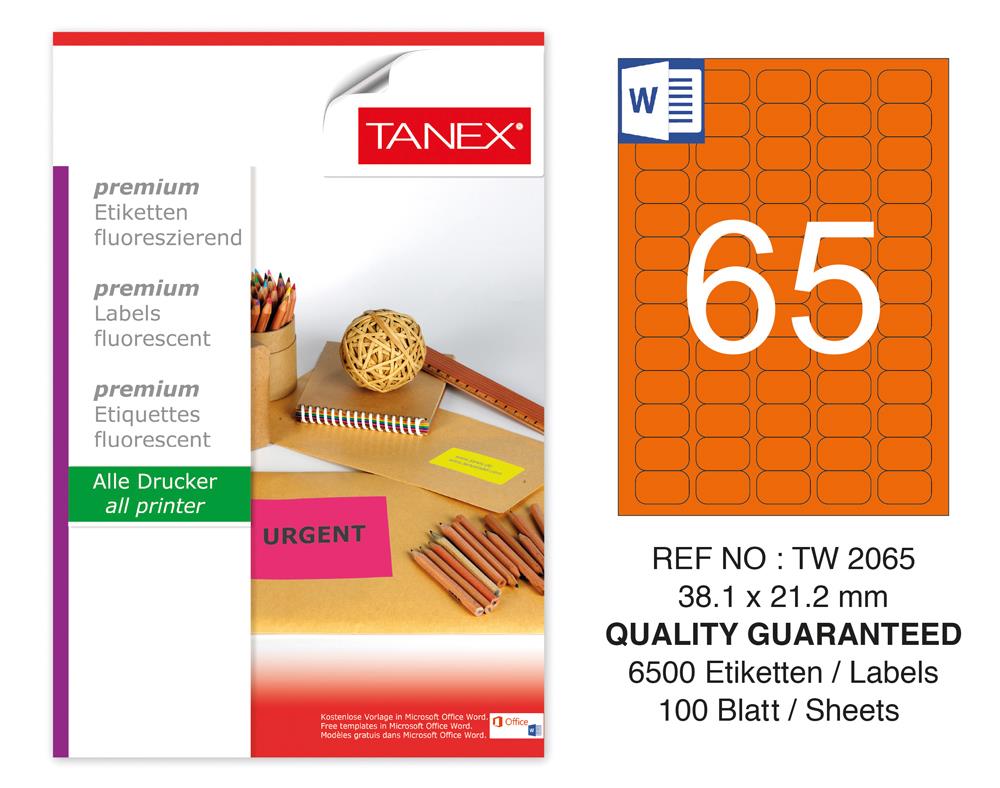 Tanex TW-2065 38,01x21,2 mm Turuncu Floresan Laser Etiket 100 Lü